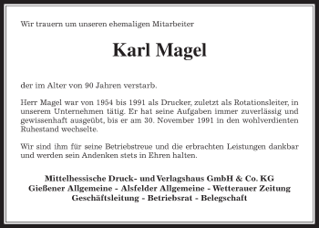 Traueranzeige von Karl Magel von Giessener Allgemeine, Alsfelder Allgemeine