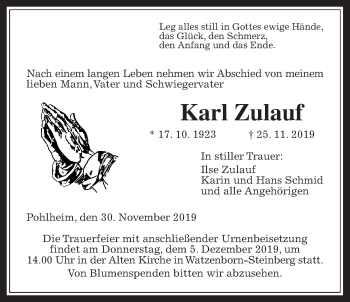 Traueranzeige von Karl Zulauf von Giessener Allgemeine, Alsfelder Allgemeine