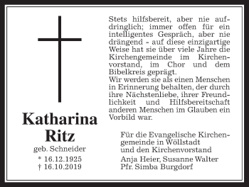 Traueranzeige von Katharina Ritz von Wetterauer Zeitung