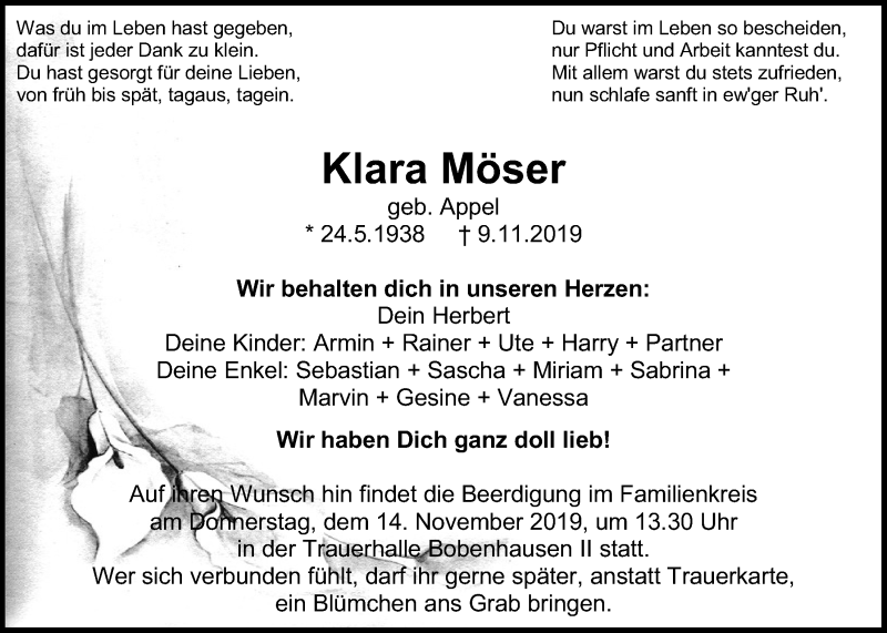  Traueranzeige für Klara Möser vom 12.11.2019 aus Alsfelder Allgemeine