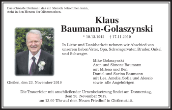 Traueranzeige von Klaus Baumann-Golaszynski von Giessener Allgemeine, Alsfelder Allgemeine