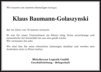 Traueranzeige von Klaus Baumann-Golaszynski von Giessener Allgemeine, Alsfelder Allgemeine