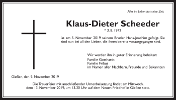 Traueranzeige von Klaus-Dieter Scheeder von Giessener Allgemeine, Alsfelder Allgemeine