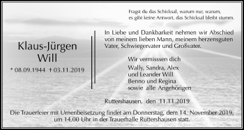 Traueranzeige von Klaus-Jürgen Will von Giessener Allgemeine, Alsfelder Allgemeine