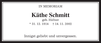 Traueranzeige von Käthe Schmitt von Wetterauer Zeitung