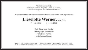 Traueranzeige von Lieselotte Werner von Giessener Allgemeine, Alsfelder Allgemeine