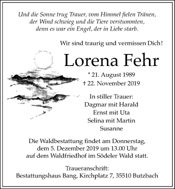 Traueranzeige von Lorena Fehr von Wetterauer Zeitung