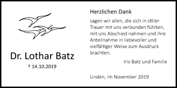 Traueranzeige von Lothar Batz von Giessener Allgemeine, Alsfelder Allgemeine
