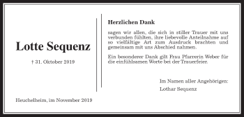 Traueranzeige von Lothar Sequenz von Giessener Allgemeine, Alsfelder Allgemeine