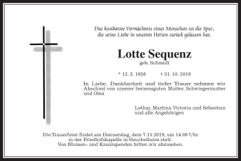 Traueranzeige von Lotte Sequenz von Giessener Allgemeine, Alsfelder Allgemeine