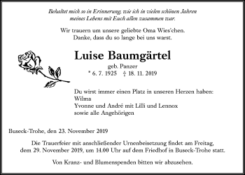 Traueranzeige von Luise Baumgärtel von Giessener Allgemeine, Alsfelder Allgemeine
