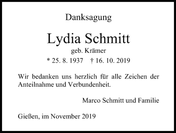 Traueranzeige von Lydia Schmitt von Giessener Allgemeine, Alsfelder Allgemeine