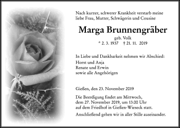 Traueranzeige von Marga Brunnengräber von Giessener Allgemeine, Alsfelder Allgemeine