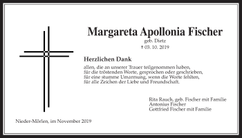 Traueranzeige von Margareta Apollonia Fischer von Wetterauer Zeitung