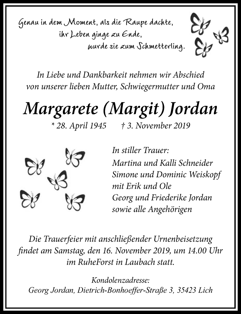  Traueranzeige für Margarete (Margit) Jordan vom 07.11.2019 aus Licher Wochenblatt