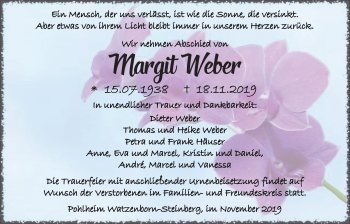Traueranzeige von Margit Weber von Pohlheimer Nachrichten