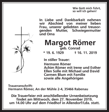 Traueranzeige von Margot Römer von Giessener Allgemeine, Alsfelder Allgemeine