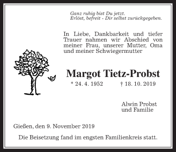 Traueranzeige von Margot Tietz-Probst von Giessener Allgemeine, Alsfelder Allgemeine