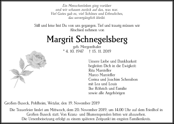 Traueranzeige von Margrit Schnegelsberg von Giessener Allgemeine, Alsfelder Allgemeine
