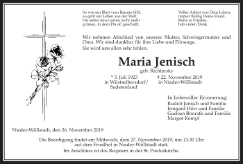 Traueranzeige von Maria Jenisch von Wetterauer Zeitung