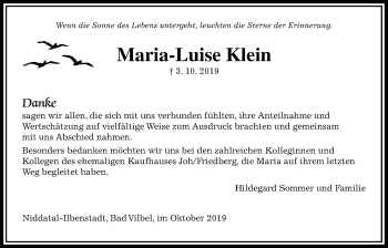 Traueranzeige von Maria-Luise Klein von Wetterauer Zeitung
