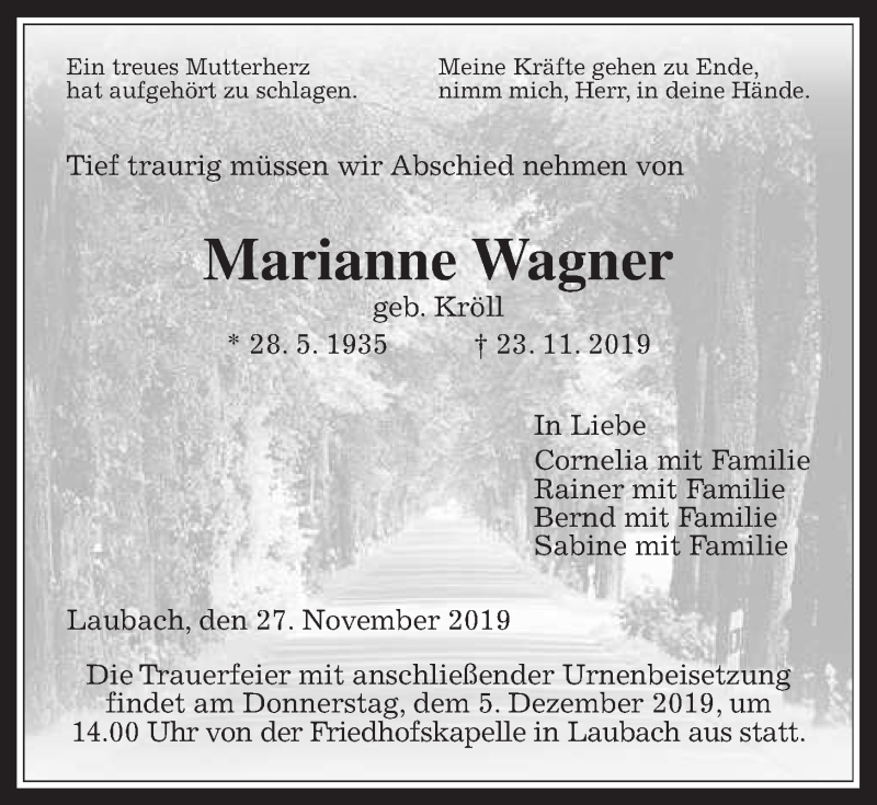  Traueranzeige für Marianne Wagner vom 27.11.2019 aus Laubacher Anzeiger