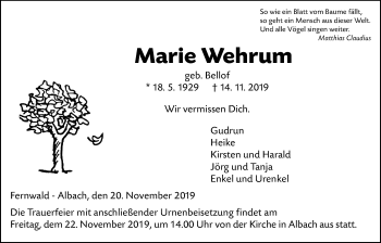 Traueranzeige von Marie Wehrum von Alsfelder Allgemeine, Giessener Allgemeine