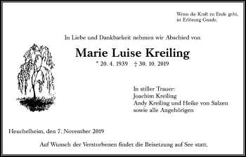 Traueranzeige von Marie Luise Kreiling von Giessener Allgemeine, Alsfelder Allgemeine