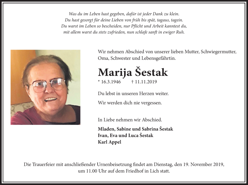  Traueranzeige für Marija Šestak vom 14.11.2019 aus Licher Wochenblatt