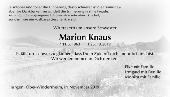 Traueranzeige von Marion Knaus von Licher Wochenblatt