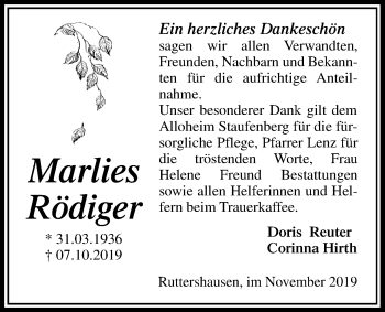 Traueranzeige von Marlies Rödiger von Giessener Allgemeine, Alsfelder Allgemeine