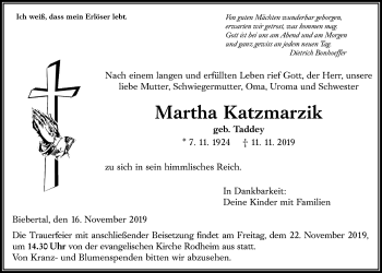 Traueranzeige von Martha Katzmarzik von Giessener Allgemeine, Alsfelder Allgemeine