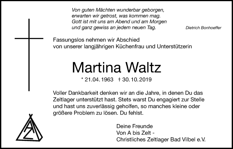  Traueranzeige für Martina Waltz vom 07.11.2019 aus Bad Vilbel/Karben