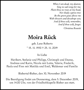 Traueranzeige von Moira Rück von Giessener Allgemeine, Alsfelder Allgemeine