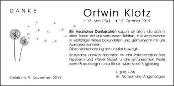Traueranzeige von Ortwin Klotz von Wetterauer Zeitung