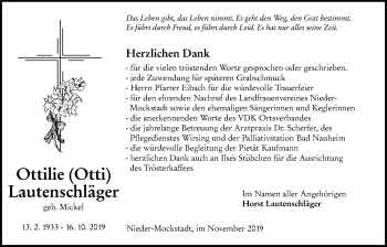Traueranzeige von Ottilie Lautenschläger von Wetterauer Zeitung