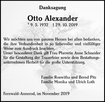 Traueranzeige von Otto Alexander von Giessener Allgemeine, Alsfelder Allgemeine
