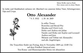 Traueranzeige von Otto Alexander von Giessener Allgemeine, Alsfelder Allgemeine