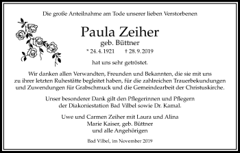 Traueranzeige von Paula Zeiher von Bad Vilbel/Karben