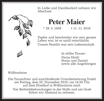 Traueranzeige von Peter Maier von Wetterauer Zeitung