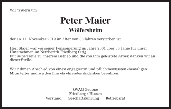Traueranzeige von Peter Maier von Wetterauer Zeitung