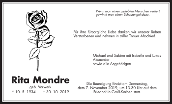 Traueranzeige von Rita Mondre von Wetterauer Zeitung