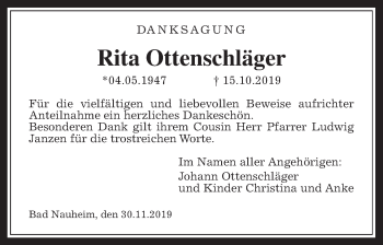 Traueranzeige von Rita Ottenschläger von Wetterauer Zeitung