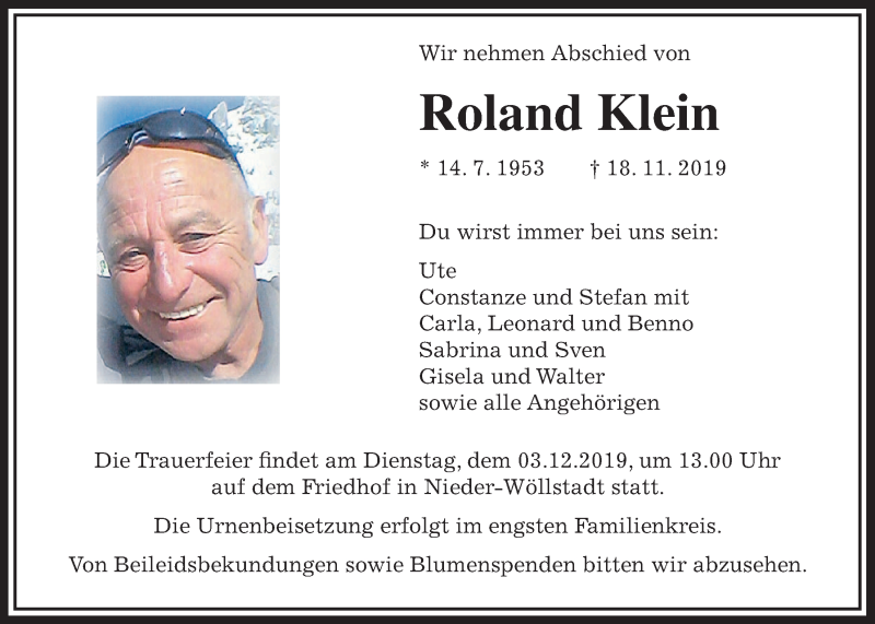  Traueranzeige für Roland Klein vom 30.11.2019 aus Wetterauer Zeitung