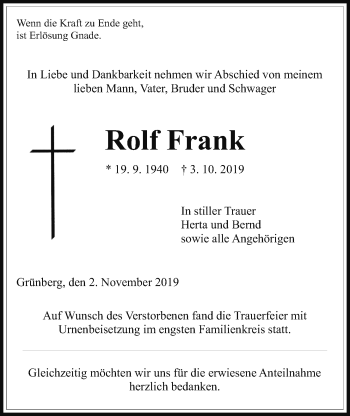Traueranzeige von Rolf Frank von Giessener Allgemeine, Alsfelder Allgemeine
