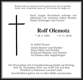 Traueranzeige von Rolf Olemotz von Giessener Allgemeine, Alsfelder Allgemeine