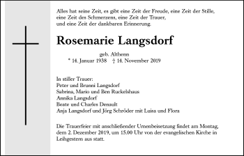 Traueranzeige von Rosemarie Langsdorf von Giessener Allgemeine, Alsfelder Allgemeine