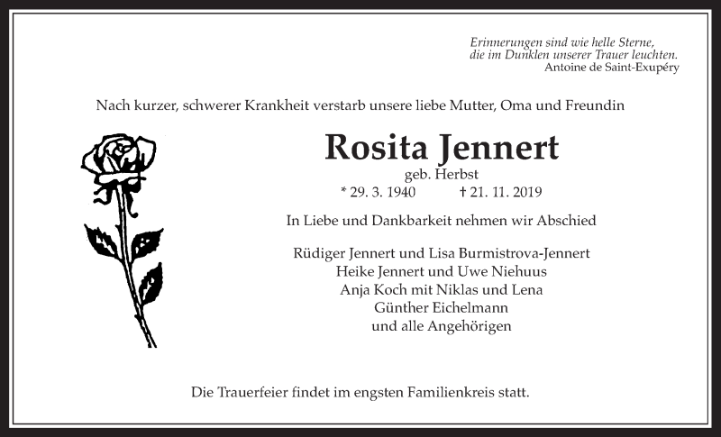  Traueranzeige für Rosita Jennert vom 23.11.2019 aus Giessener Allgemeine, Alsfelder Allgemeine, Wetterauer Zeitung