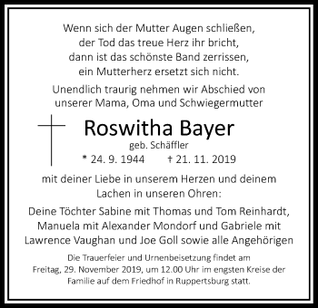 Traueranzeige von Roswitha Bayer von Giessener Allgemeine, Alsfelder Allgemeine, Laubacher Anzeiger