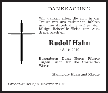 Traueranzeige von Rudolf Hahn von Giessener Allgemeine, Alsfelder Allgemeine